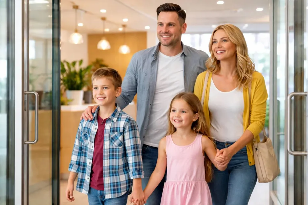 Family reviewing signup details on a laptop