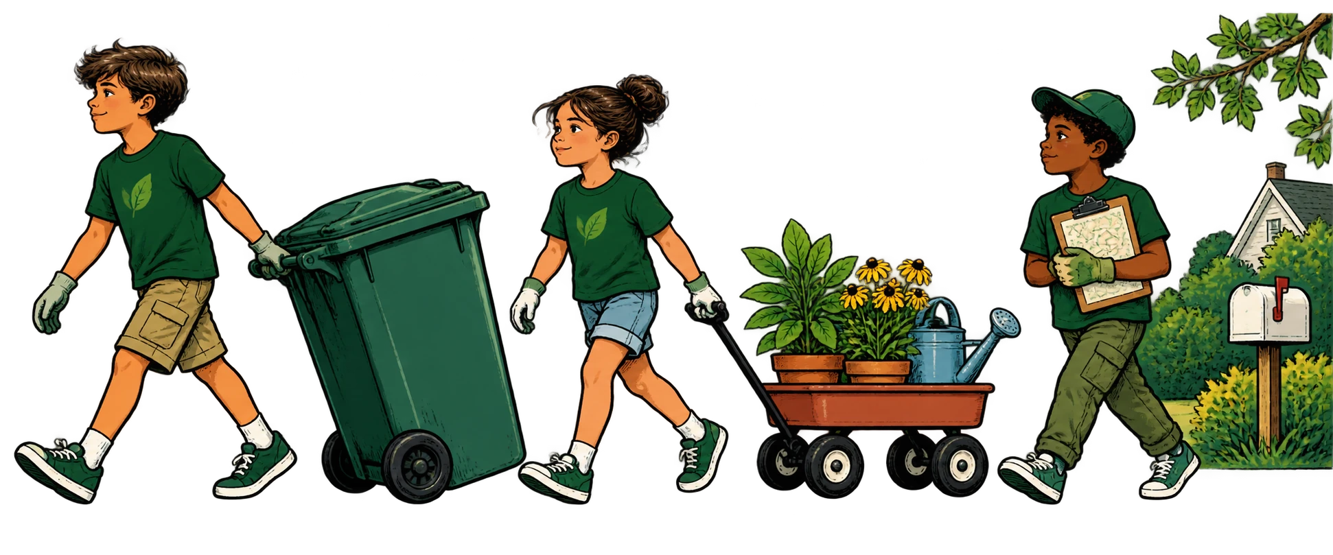 A capable crew of young neighborhood helpers pulling a trash bin and garden wagon along their route